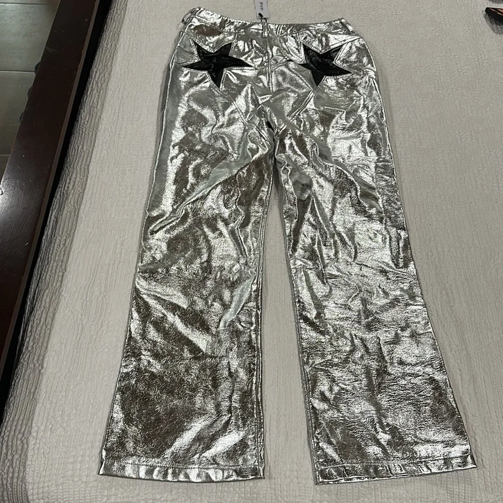 NASTY GAL Metallic Star Bum Faux Leather Trousers Silver Pants - Picture 4 of 12